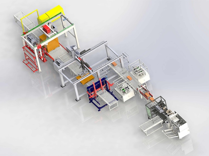 开箱+装箱+封箱+贴标+码垛+供栈+悬臂缠绕+穿剑打包智能包装线